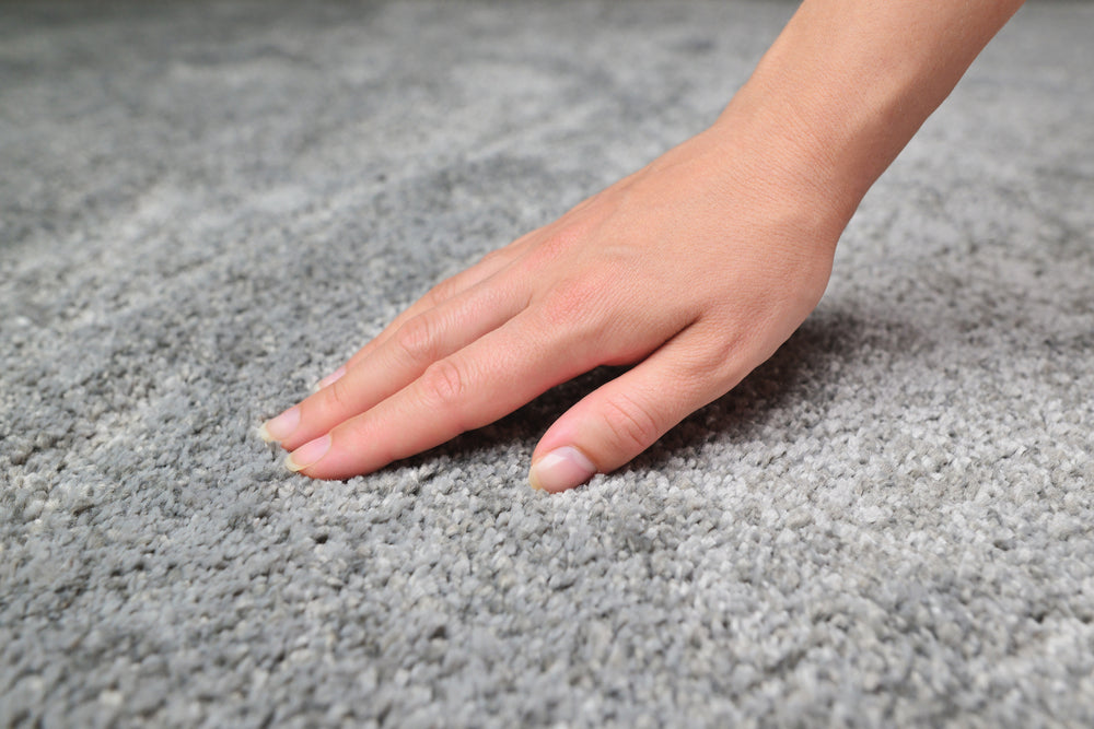 Woman touching grey carpet